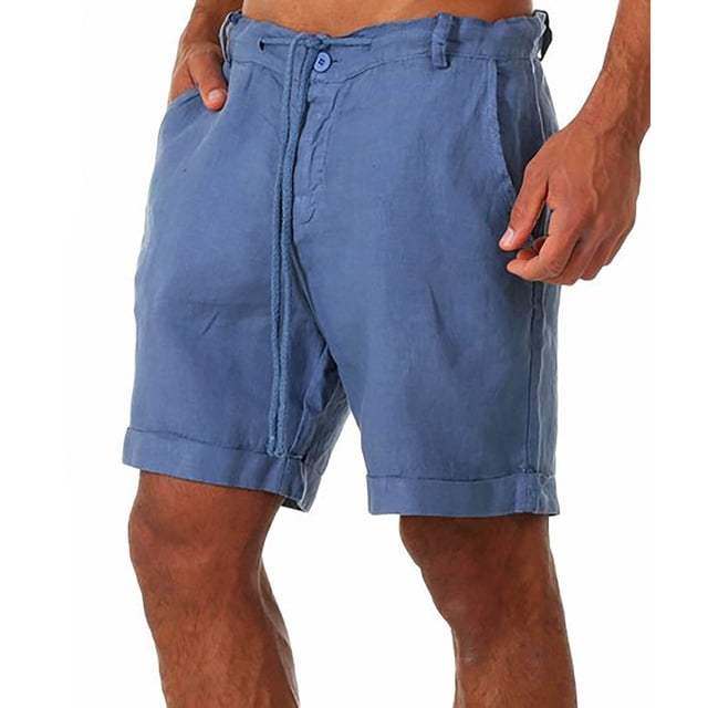 RKSTN Mens Cotton Linen Shorts Oversized Solid Color Button Zipper Waistband Drawstring Soft Breathable 5 Inseam Casual Shorts with Pockets