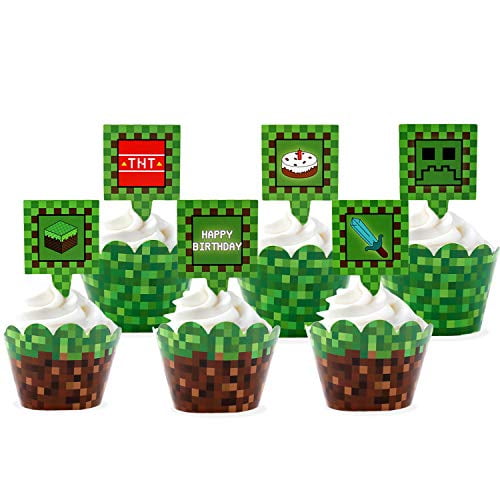 Pixel Cupcake Toppers and Wrapper Happy Birthday Party Printable Cake  Decoration Block Games Inspired Supplies - Walmart.com