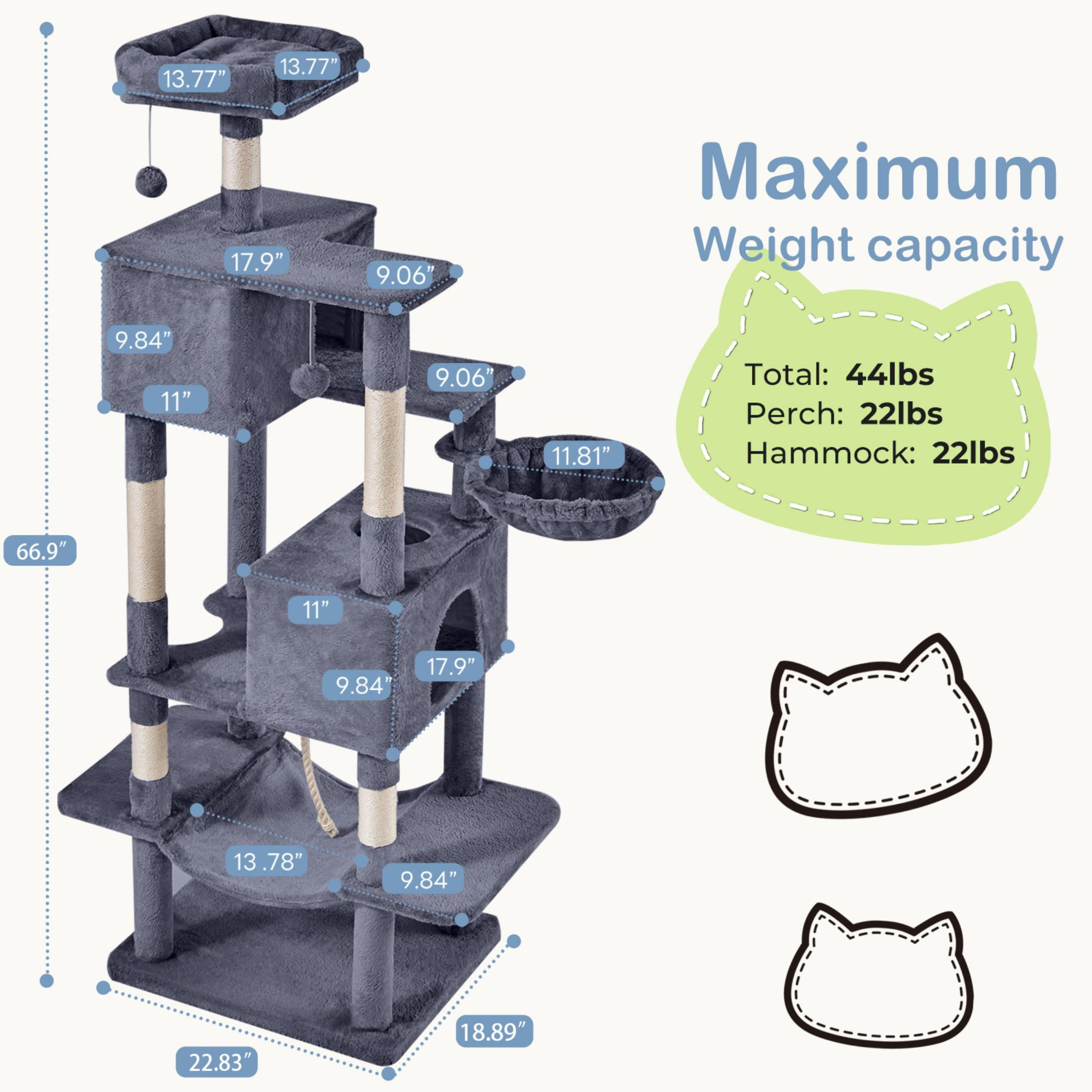 EDX 66" Cat Tree Tower for Indoor Cats, Multi-Level Durable Cat Climbing Tower, Large Pet House with Natural Sisal Scratching Post, Cozy Condo, Extended Platform, Kitten Toy and Hammock, Dark Grey