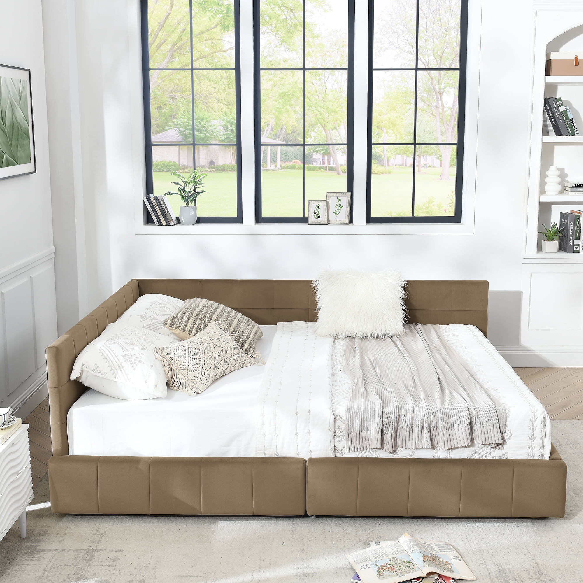Queen Size Storage Upholstered Tufted Bed Frame, Sofa Bed Frame with Comfortable Backrest and Armrests, Queen Size Bed for Bedroom, Living Room,Velvet, BROWN(85.5''*64.5''*29.5'')