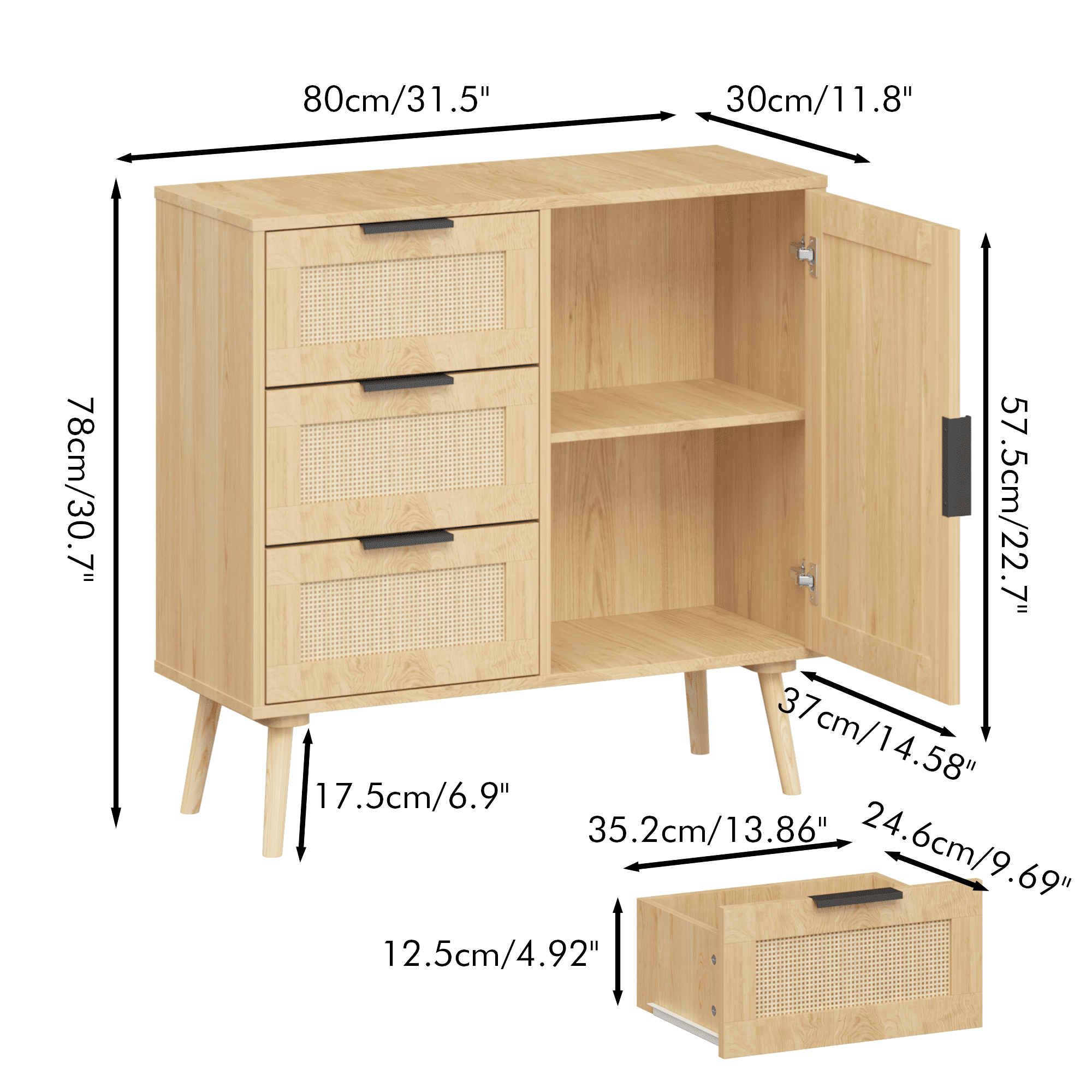 Modern Sideboard Buffet Cabinet with 3 Drawer,Rattan Wood Dresser for Bedroom,Living Room,Entryway,Hallway,Natural