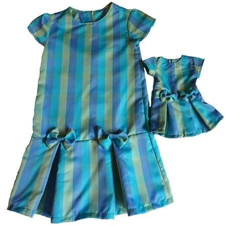 Size 10 Matching Girl And Doll Green And Blue Stripe And Bows Dresses