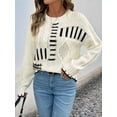 thumbnail image 6 of Women Striped Color Block Cable Knit Casual Loose Fit Crewneck Long Sleeve Drop Shoulder Fall Sweaters Cream White L, 6 of 9