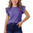 thumbnail image 2 of Teylalorva Kids Girls T-Shirt Ruffle Sleeve Crew Neck Lightweight Summer Casual Daily Tee Purple Size 4, 2 of 8