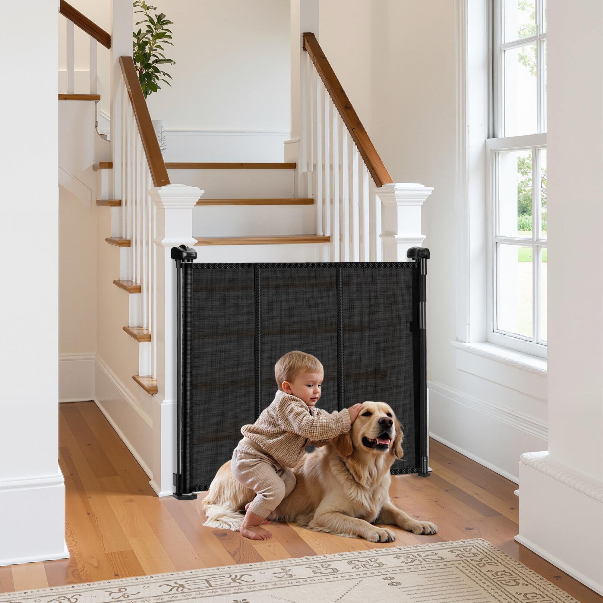 Retractable Baby Gate, 34 Inch Tall, Extends to 71 Inch Wide, Mesh Gate for Kids or Pets, Easy Install, Black
