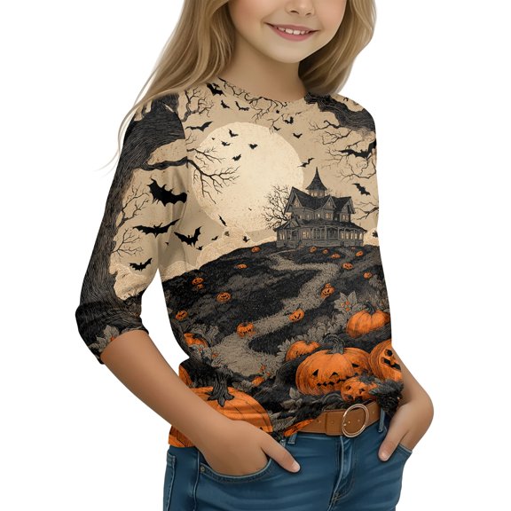 Grblisyd Pumpkin Halloween Shirts for Girls Boys Funny Ghost Graphic Crewneck 3/4 Sleeve Tees Kids Cute Holiday Party Clothes