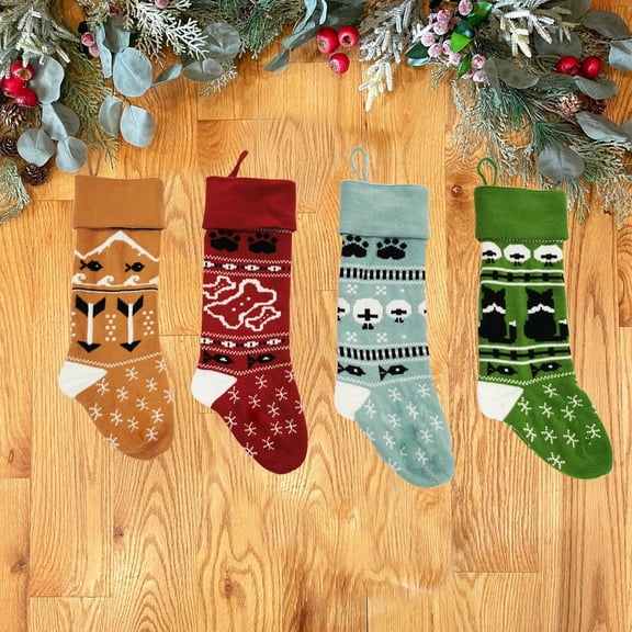 Christmas Stocking for Family Kids Dogs, Knitted Christmas Sock for Christmas Pendant Home Hanging Ornaments Party Decoration Supplies, Holiday Xmas Hanging Stocking(Dog Bone,cat,Paw print,fish)