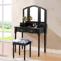 Vanities Bedroom Makeup Product Image Costway Black Tri Folding Mirror Vanity Makeup Table Stool Set Bathroom W 4 Drawers