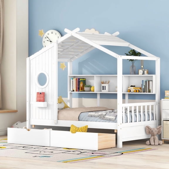 Mirightone Twin Size House Bed, Twin Bed Frame with Roof, BuiltIn Storage Drawers & Bookshelf, Wooden Playhouse Bed, House-Themed Bed (White)