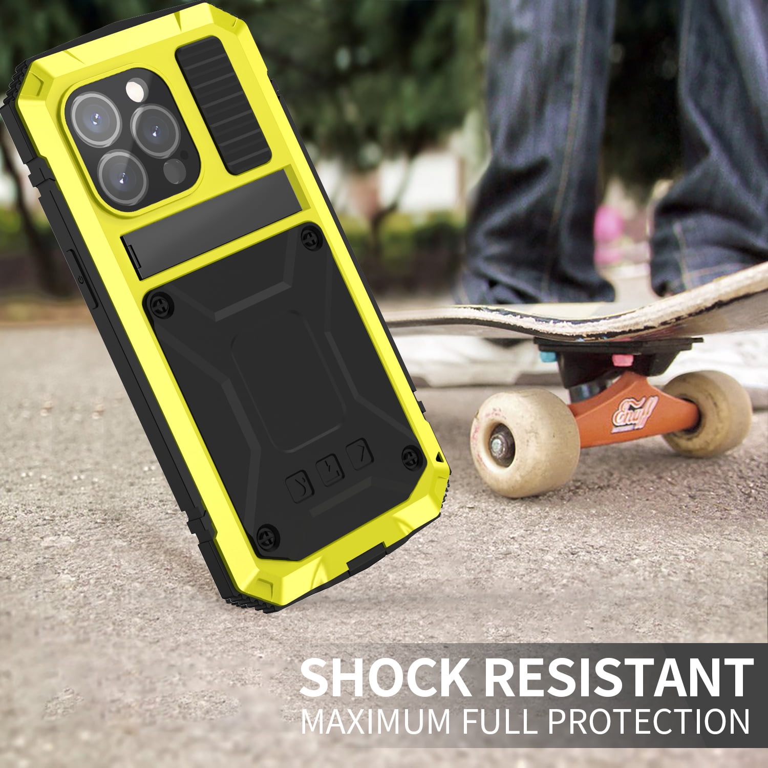 Dteck for iPhone 15 Pro Case,Outdoor Sports Military Heavy Duty Metal Cover Shockproof Dustproof Full Body Case with Built in Tempered Glass Screen Protector Hybrid Kickstand Cover,Yellow