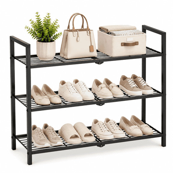 iFaveorr 3-Tier Foldable Shoe Rack Organizer Carbon Steel Shoes Shelf for Closet Entryway, 33.85 x 11.02 x 23.62 in, Black