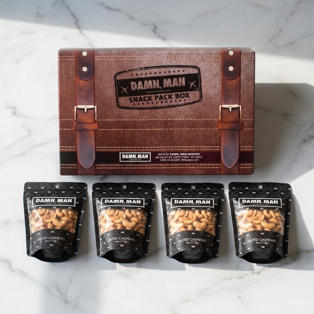 Damn, Man Salted Cashews Snack Pack Gift Box - 4 Bags of Gourmet Roasted Nuts - 1 lb Total