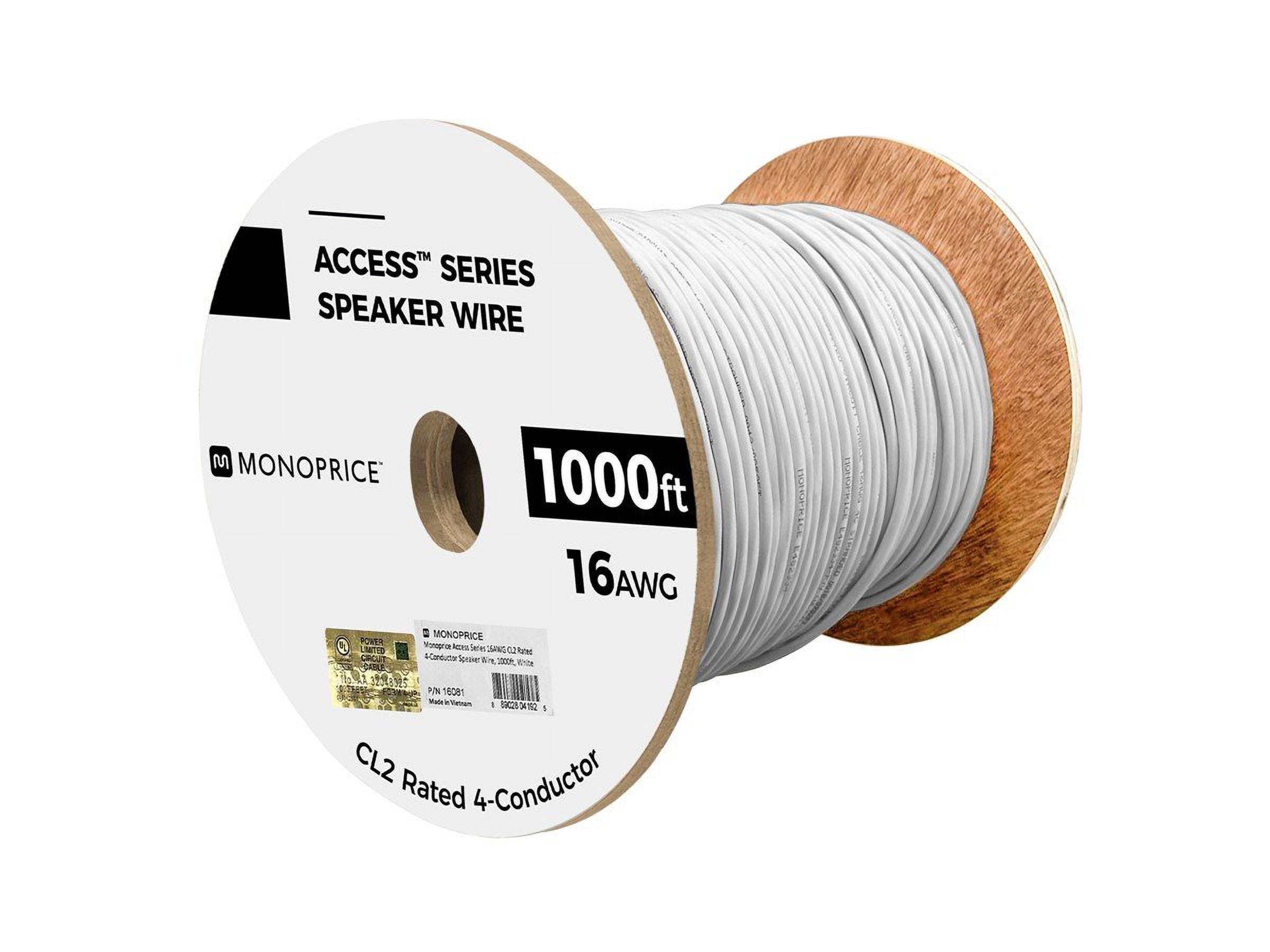 Monoprice Speaker Wire, CL2 Rated, 4-Conductor, 16AWG, 1000ft, White