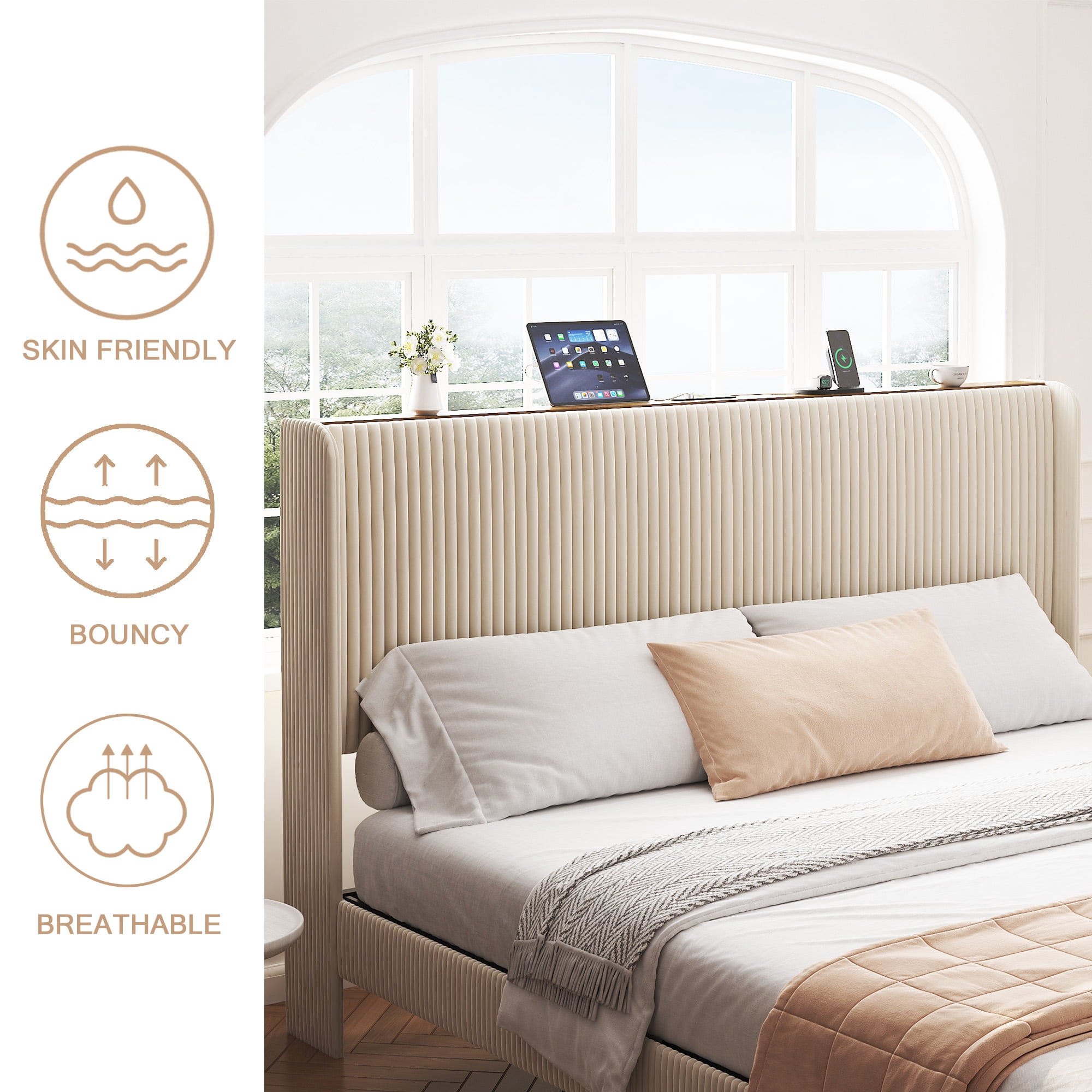 Yoneston King Size Platform Bed Frame with Velvet Upholstered Headboard Storage Shelf and USB Port Charging Station for Bedroom, Beige