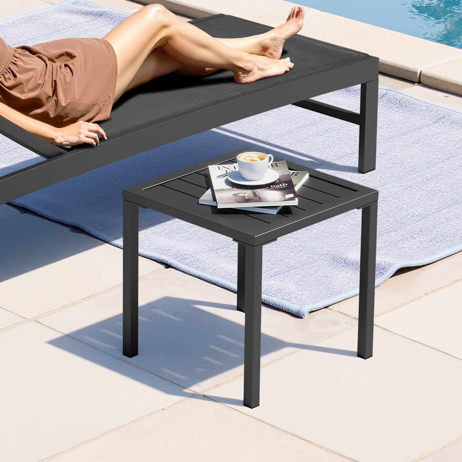 Crestlive Products 15.7" x 15.7" Outdoor Side Table, All-Weather Aluminum Square Patio End Table, Black