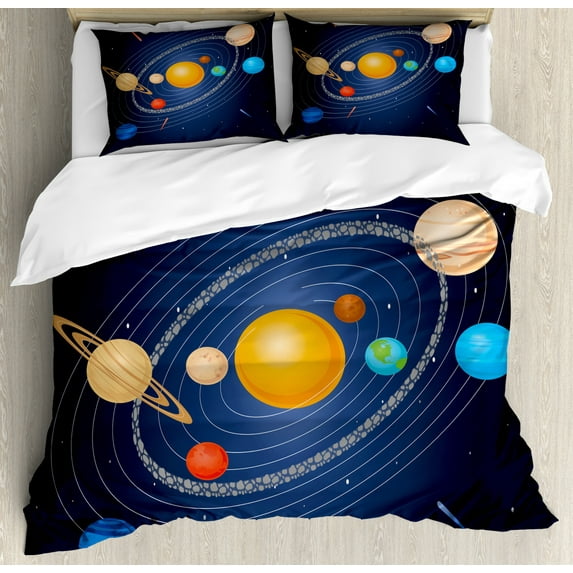 Astronomy Duvet Cover Set Queen Size, Celestial Cartoon Solar System Image with Planets and Sun Galaxy, Decorative 3 Piece Bedding Set with 2 Pillow Shams, Dark Night Blue Multicolor, by Ambesonne