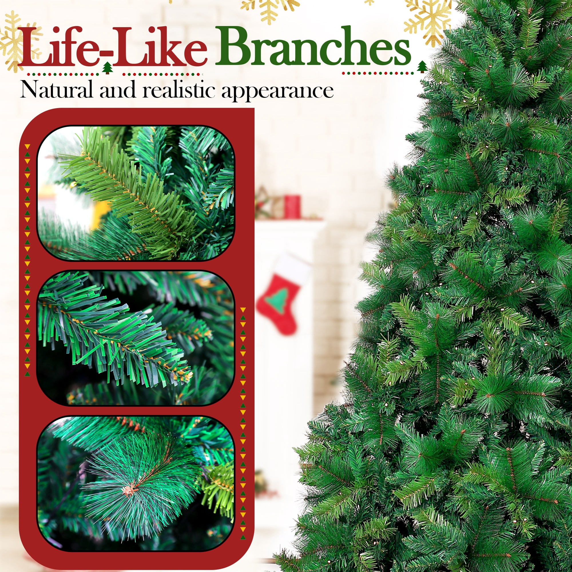 Qunler 7ft Pre-lit Snow Flocked Artificial Christmas Tree with 300 Warm Lights 8 Modes, 700 PE+PVC Snowy Branches, White