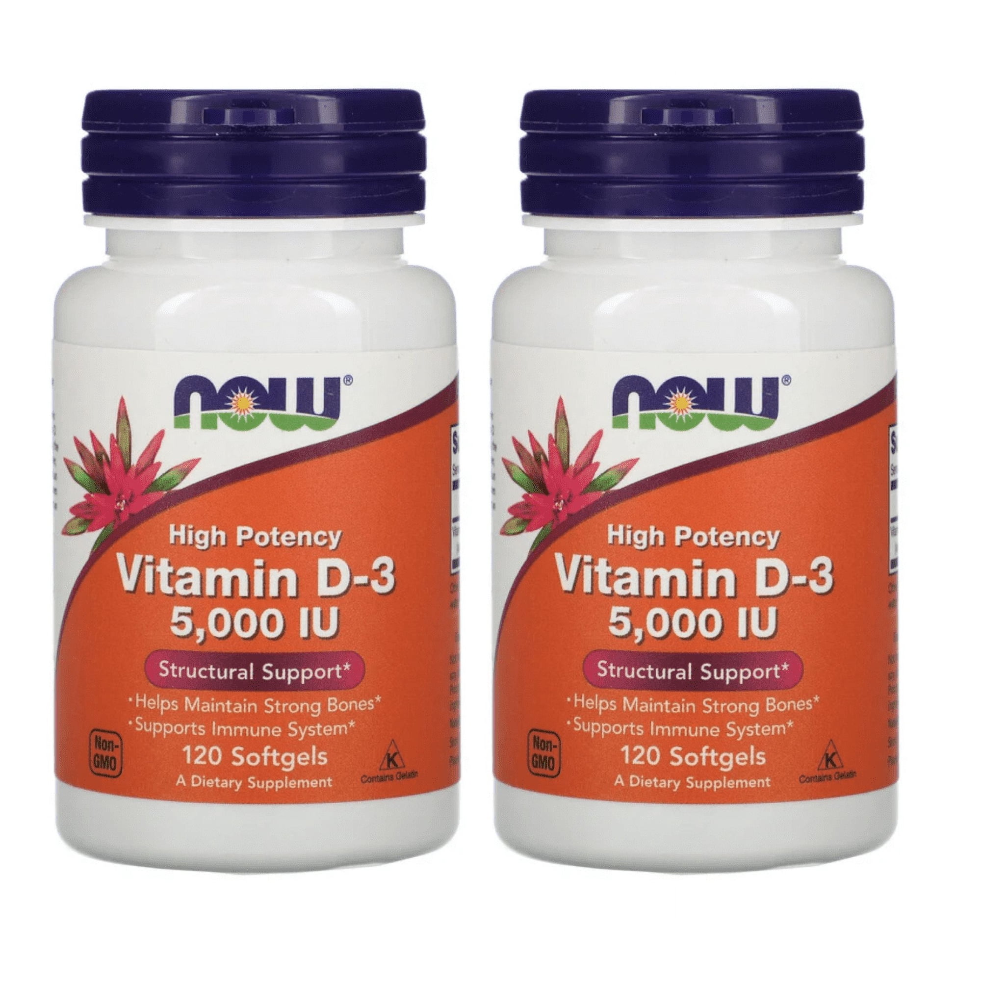 NOW Supplements, Vitamin D-3 5,000 IU, High Potency, Structural Support*, 120 Softgels - 2 Packs