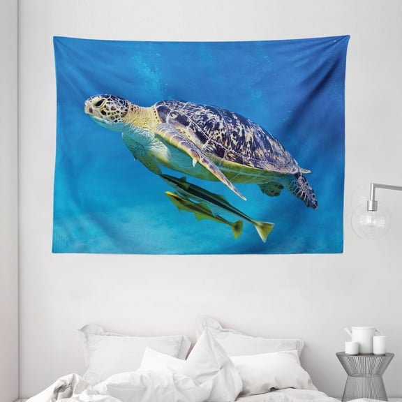 Turtle Tapestry, Cute Angry Looking Sea Turtle Swimming with Remora Fishes Fauna Under the Sea, Wall Hanging for Bedroom Living Room Dorm Decor, 80W X 60L Inches, Blue Yellow Brown, by Ambesonne