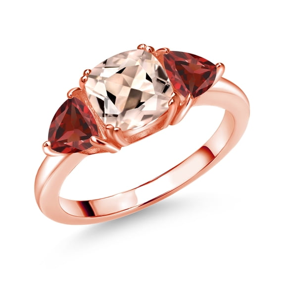Gem Stone King 18K Rose Gold Plated Silver Peach Morganite and Red Garnet 3 Stone Engagement Ring for Women (2.38 Cttw, Gemstone October Birthstone, Size 5)