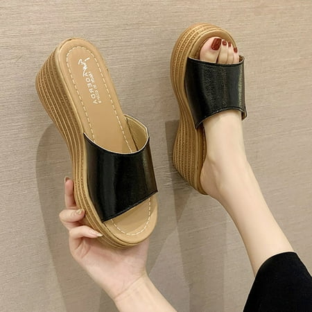 

〖Yilirongyumm〗 Black 38 Sandals Women Fashion Summer Women Sandals Wedge Heel Middle Heel Thick Sole Solid Color Sequins Lightweight Casual
