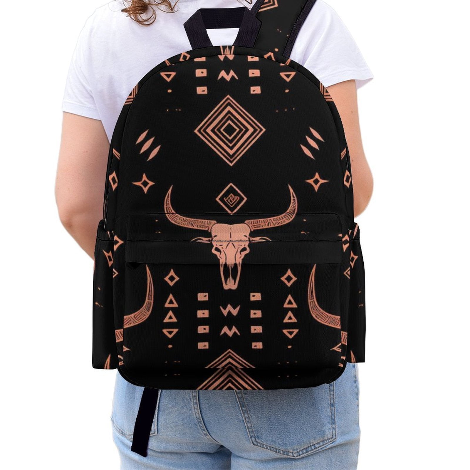 Large Capacity Half Print Backpack 11.8×16.5×5.9in Multifunctional Zipper Design Convenient Switch Bohemian Cow Skull