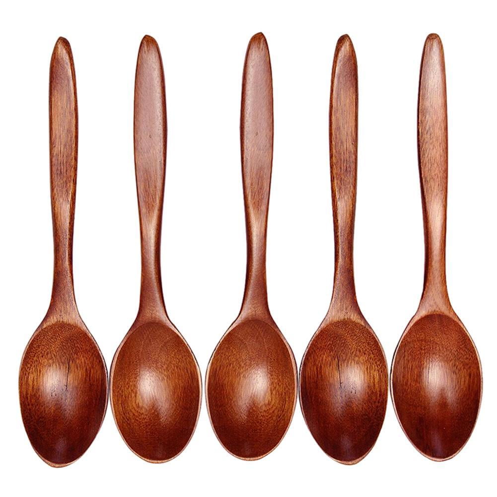Wooden Spoons, 5 Pieces 7 Inch Wood Soup Spoons for Eating Mixing Stirring, Japanese Style Kitchen Utensil, Eco Friendly Table Spoon for Daily Use