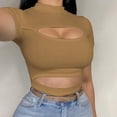 thumbnail image 2 of Women's Ribbed Slim Fit Crop Top Cut Out Basic Tees Mock Neck Short Sleeve T-Shirts Outdoor Athletic Sexy Blouse for Girls, 2 of 5