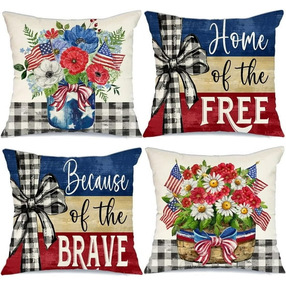 4th of July Decorations Pillow Covers 18 x 18 Set of 4 Flag Floral Jar Freedom Brave Buffalo Plaid Throw Pillow Covers Patriotic Pillows Independence Memorial Day Decor Cushion Case G314-18