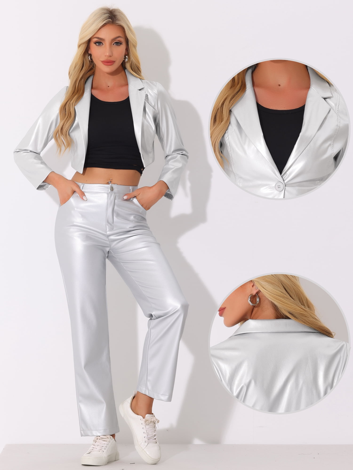 DARING DIVA Women's Single Breasted Blazer Moto PU Fashion Jacket L Silver
