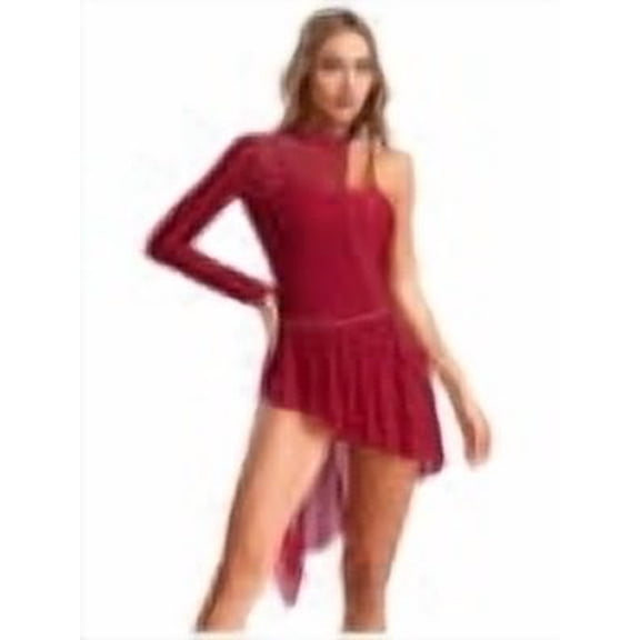 CHICTRY Lyrical Dance Costumes for Women One Shoulder Long Sleeve Figure Skating Dress Dancewear Burgundy S