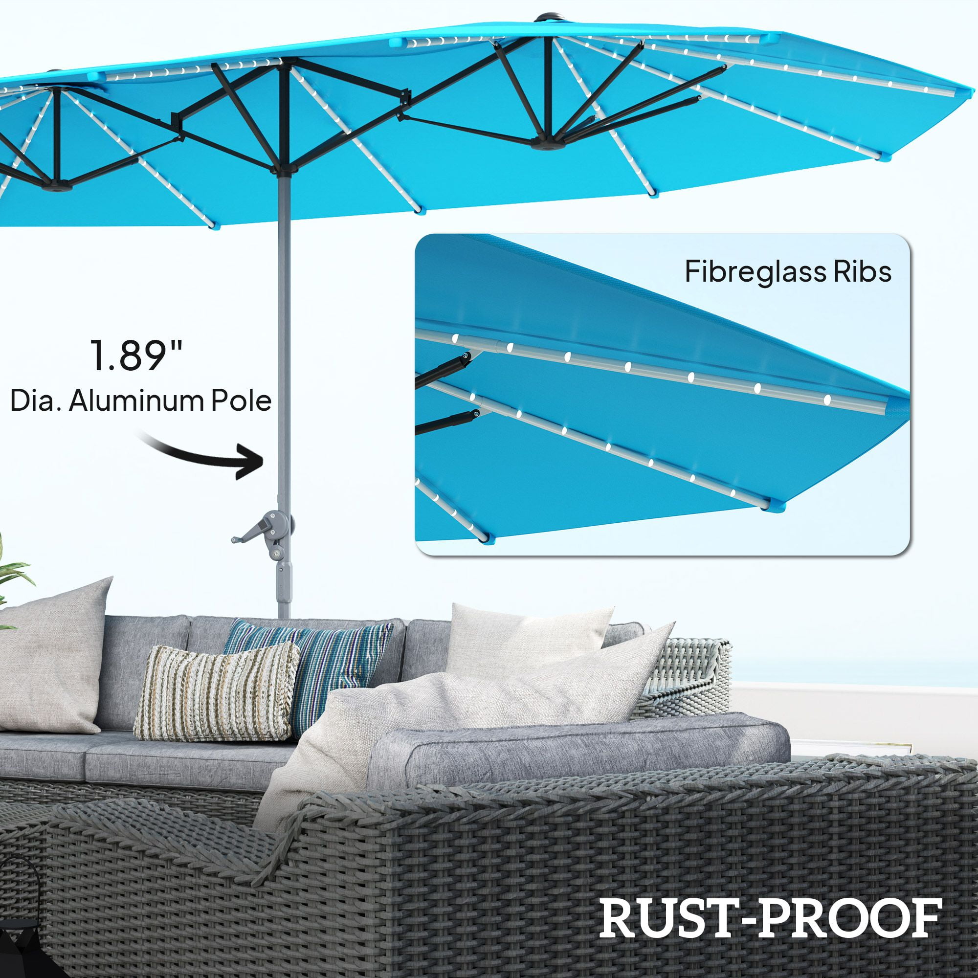 Dranite 15ft Double-Sided Aluminum Patio Umbrella with Solar Lights, UPF50+ & Crank, Blue