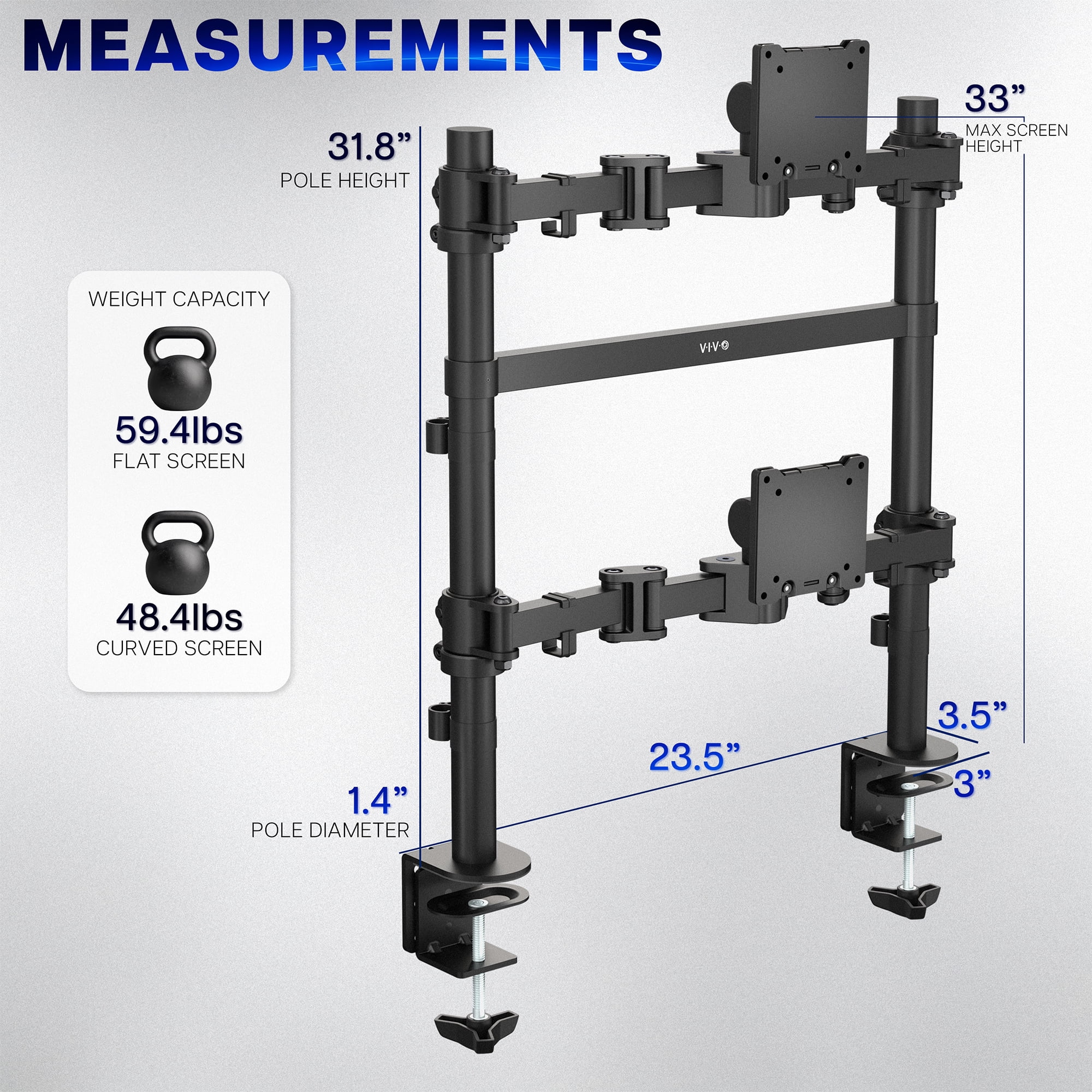 VIVO Dual Ultrawide Stacked Monitor Desk Mount, 2 Poles, 2 Screens up to 57"