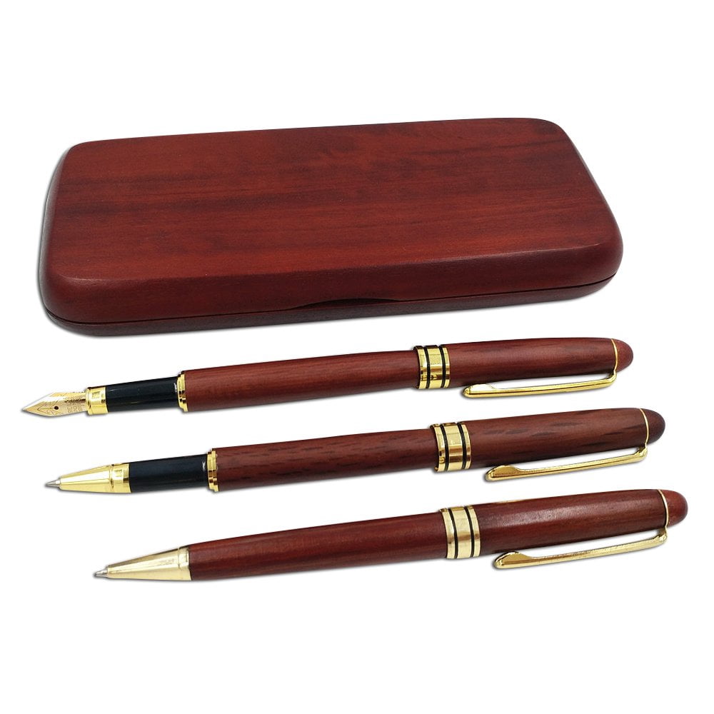 3 Wooden Pens Set With Gift Case/best Writing Fountain Fancy Ballpoint Pen And Luxury Gel Ink Refills  Promotional Business Designer