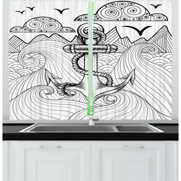 Ambesonne Anchor Kitchen Curtains, Zentangle Ocean Clouds, 55"x39", Black and White