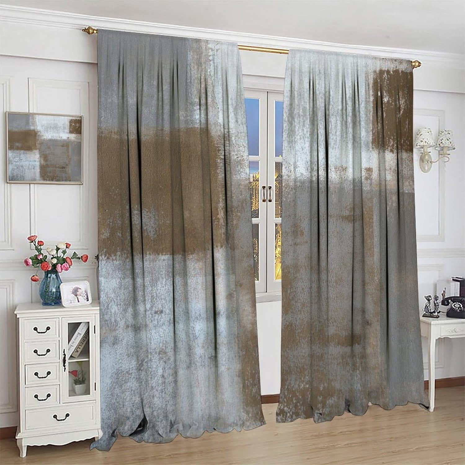 Rustic Curtains Tan Brown Grey Abstract Pattern Blackout Print Rod Pocket Window Drapes for Bedroom Living Room 52x84in