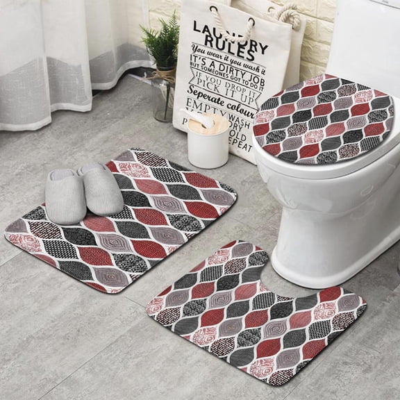 Red and Black Ethnic Geometric Pattern Bathroom Rugs Sets 3 Piece,Toilet Cover Set,Absorbent Non Slip Bathroom Mats Sets with U-Shaped Contour Rug Toilet Rug Set