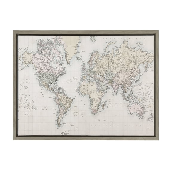 Kate and Laurel Sylvie Vintage World Map Framed Canvas Wall Art by The Creative Bunch Studio, 18x24 Gray, Decorative Map Art for Wall
