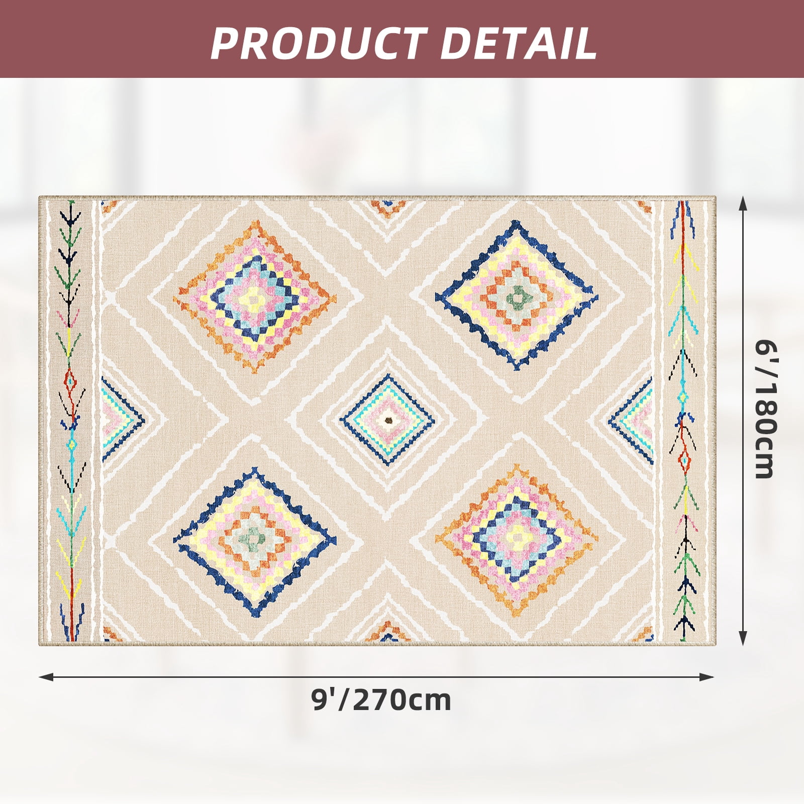 6'x9' Area Rugs for Living Room, Machine Washable Non-Slip Carpet, Soft Faux Wool Low Pile Moroccan Farmhouse Western Rug, Beige