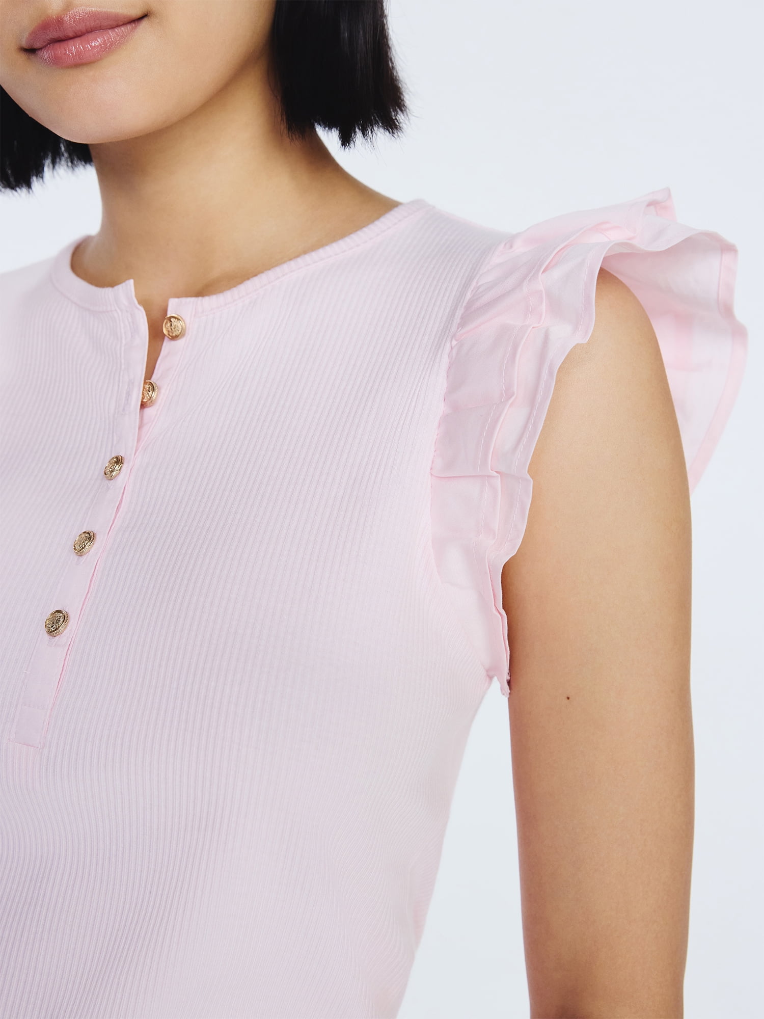 Free Assembly Women's and Women’s Plus Flutter Sleeve Henley Top, Sizes XS-4X