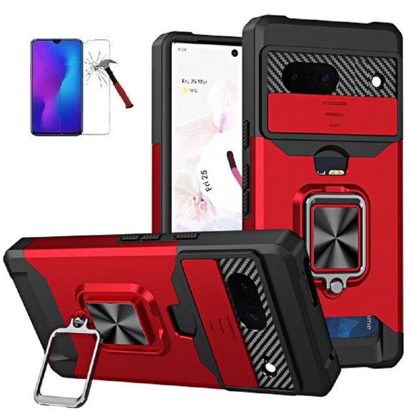 Phone Case for Google Pixel 7a,  Ring Stand Card Slot Case Cover   Tempered Glass (Red)
