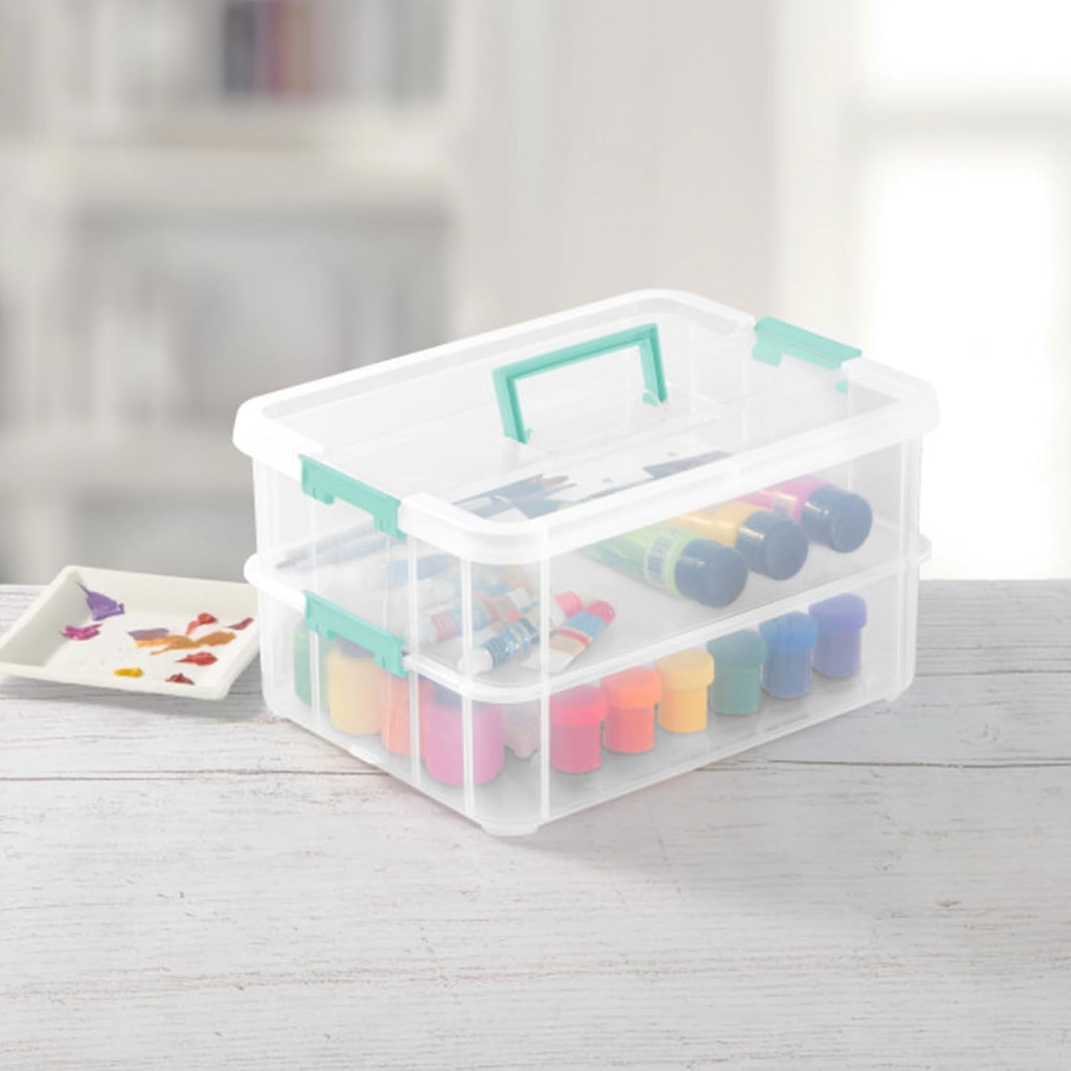 4-Pack Stack & Carry, 2 Layer Handle Box for Home & Office Storage - Clear Base & Lid with Color Latches, Organizer for Art & Craft Supplies, Sewing Tools or 8.5" x 11" Paper