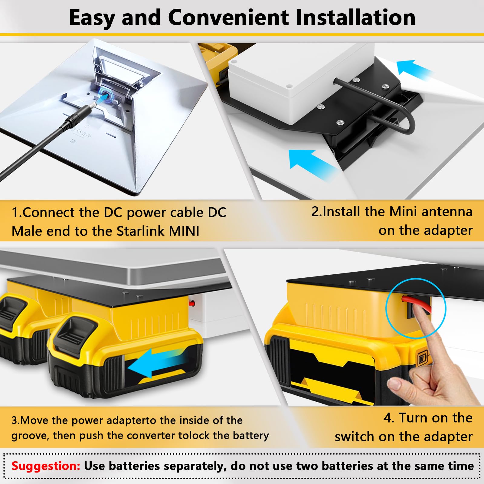 Adaptateur Batterie Mwin Pour Starlink Mini - Compatible Batteries DeWalt 18-20V, Câble 1m, Alimentation CC