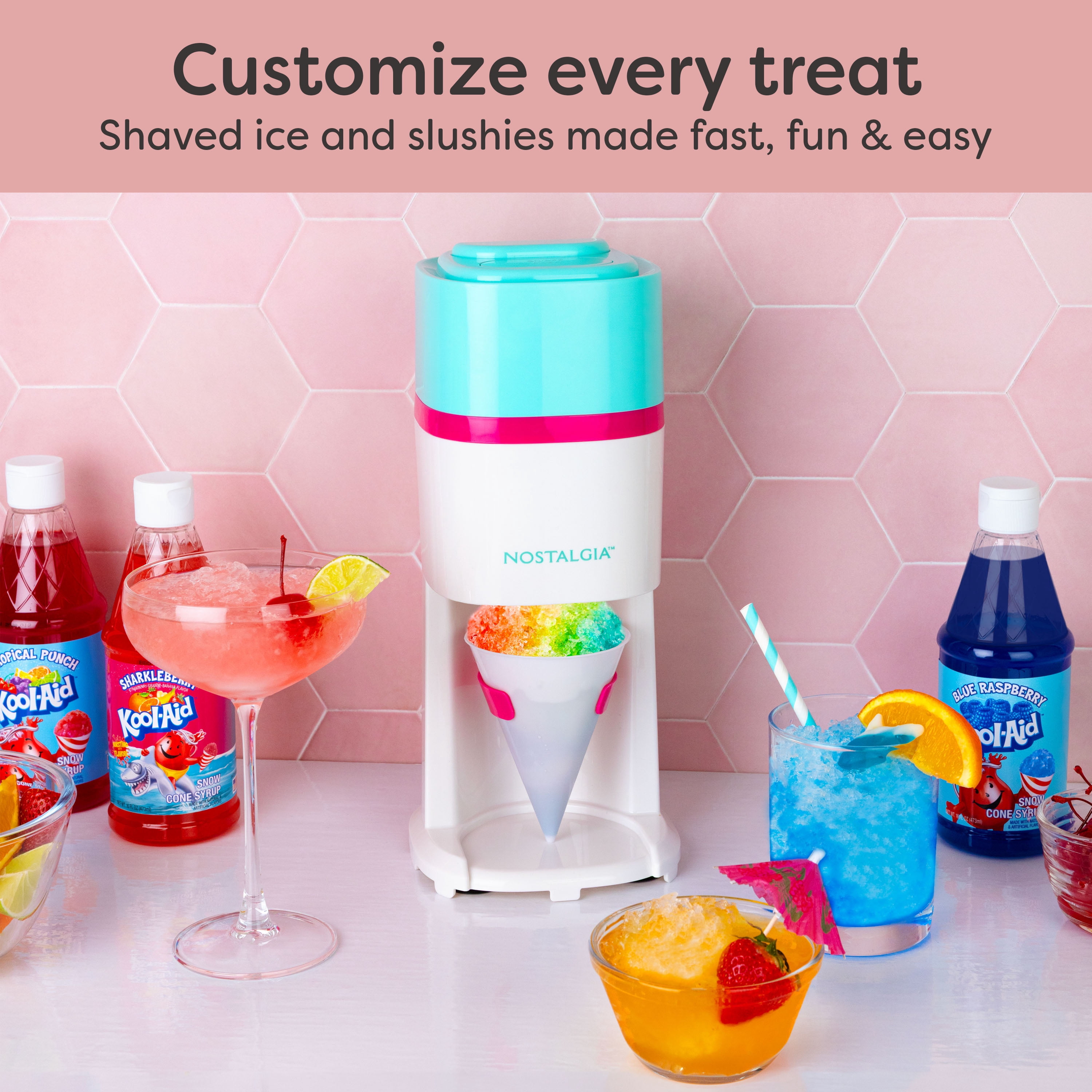 Nostalgia Electric 80 Watt Ice Shaver with Ice Mold & Reusable Cone, Teal & White