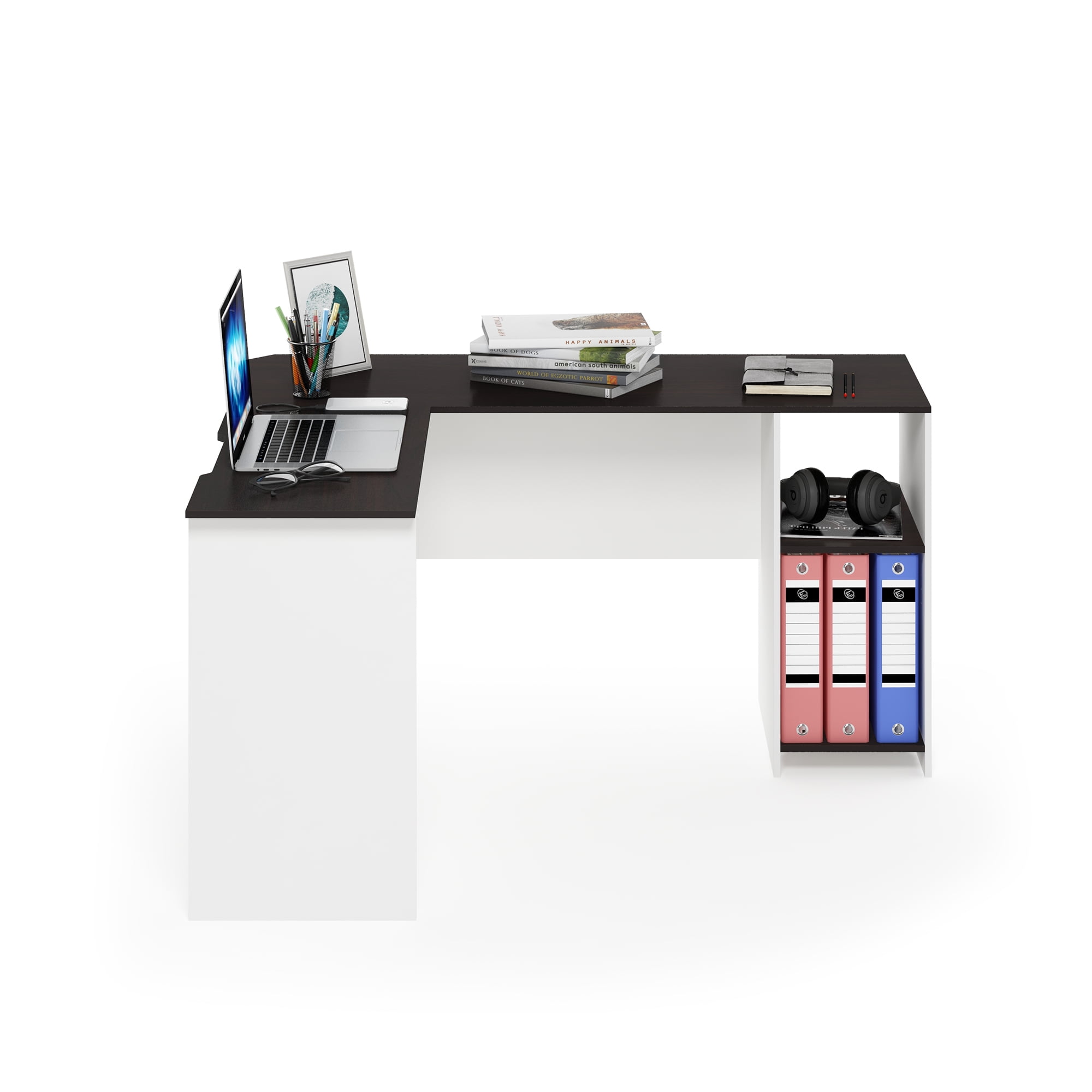 Furinno Indo LShaped Desk with Bookshelves, Espresso/White