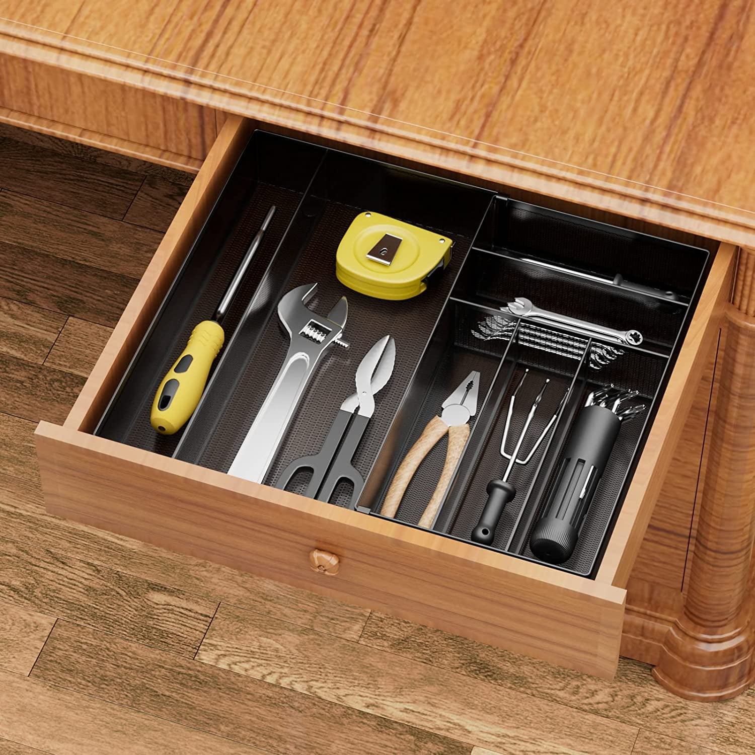 Utensil Drawer Organizer - Expandable Cutlery Tray, Silverware/Flatware Storage Divider for Kitchen, Mesh Designing with Non-slip Rubber Feet (black)