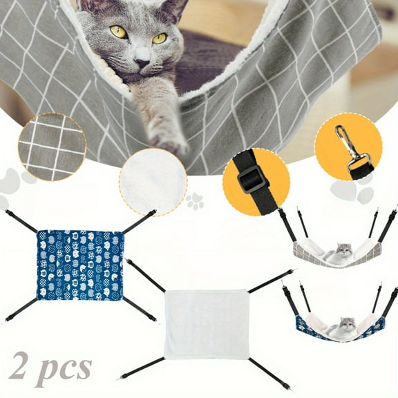 Reversible Pet Hammock 2 Pieces - Double Sided Cat Hanging Bed with Adjustable Straps & Metal Hooks, Breathable Cage Bed for Cats, Small Dogs, Rabbits