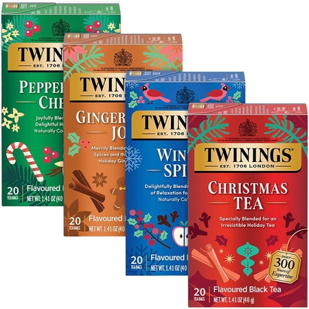 Twinings Holiday Tea Variety 4-Pack – Christmas Gingerbread Peppermint & Winter Spice Tea Bags 20 Count Each