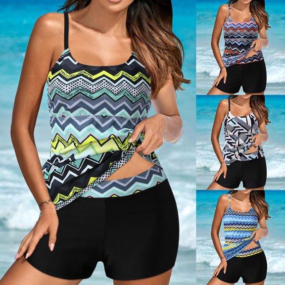 Jacenvly Womens Tankini Swimsuits 2 Piece Clearance Comfortable Women Conservative Print Strappy Back Set Two Piece Swimsuits Swimdress Multicolor Fashion Beach Dresses for Women Casual Summer Black