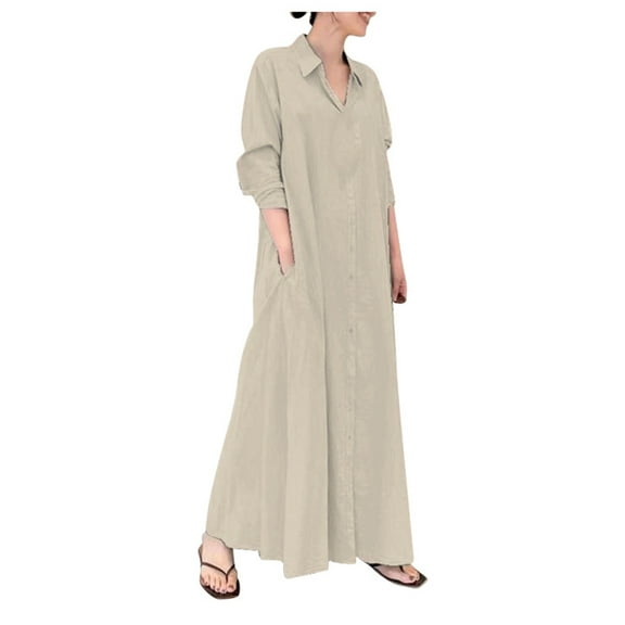 Women's Cotton Linen Lapel Maxi Dress - Long Sleeve Button-Up Shirt Dress with Pockets